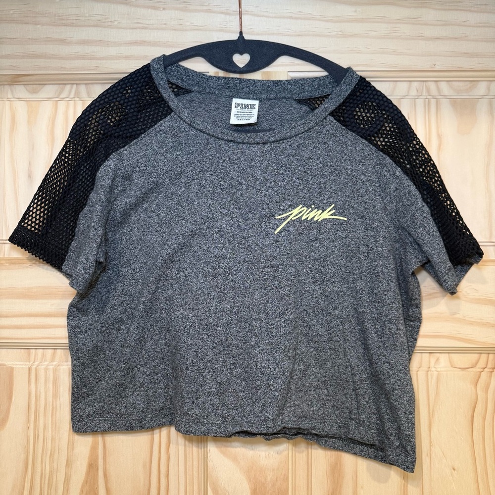 PINK Victoria’s Secret Gray and Black Mesh Sleeve Crop Top Small